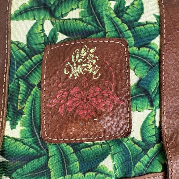 Tropical Banana Palm Leaf Canvas Leather Safari Backpack Bag Medium Green Brown main image 7